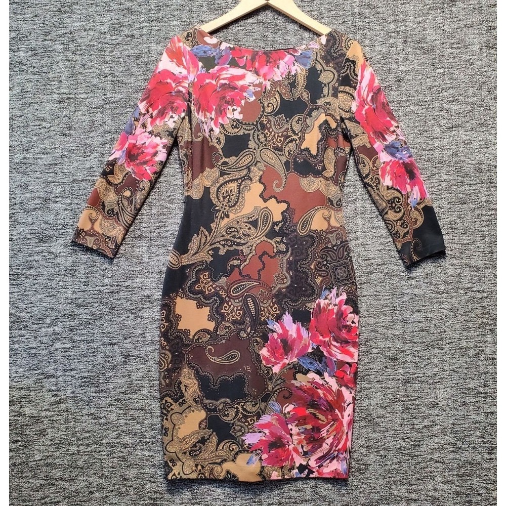 VTG Cache Y2K Bodycon Sheath Dress Women 6 Brown Pink‎ Paisley Floral Party Chic